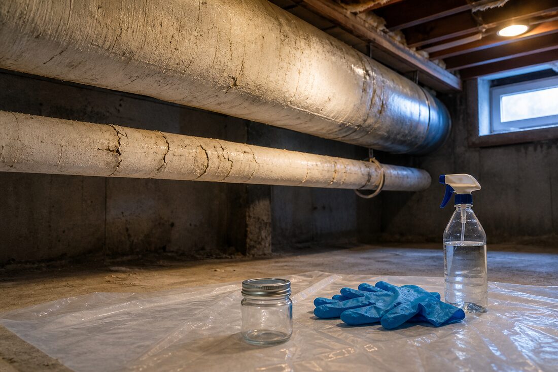 Old heating ducts and a pipe wrapped in aged, cracked white insulation in the unfinished basement of an older Fraser Valley home, with an empty sample jar, gloves and a water spray bottle set out on plastic sheeting below